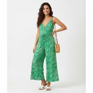 Band of the Free Green Tropical Wide Leg Jumpsuit Cropped Boho Resort Flowy M